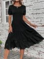SHEIN LUNE Women's Black Round Neck Ruffle Hem Dress