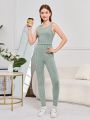 SHEIN Teen Girls' Knitted Fleece Sleeveless Top With Long Pants And Cardigan Suit, Casual Outfit