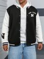 Extended Sizes Men Plus Letter Graphic Two Tone Varsity Jacket Without Hoodie