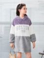 SHEIN Kids KDOMO Tween Girl Letter Embroidery Colorblock Drop Shoulder Hooded Sweatshirt