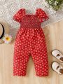 SHEIN Baby Girl's Casual Vintage Elegant Flower Print Romper With Puffed Short Sleeves And Long Pants, Suitable For Spring And Summer Outings