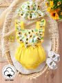 Baby Girl'S Sunflower Printed Patchwork Romper And Hat