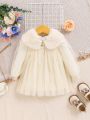 SHEIN Baby Girls' Casual Knitted & Mesh Patchwork Long Sleeve Dress With Shawl, Color Apricot, Short Length