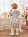 Infant Baby Girls' Sweet Floral Print Bubble Romper With Ruffle Collar And Bow Headband For Summer