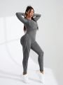 Daily&Casual Women's Plus Size Color Block Tight Fit Thumb Hole Design Sports Jumpsuit