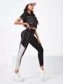 SHEIN Running Colorblock Sports Tee & Phone Pocket Side Leggings