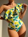 SHEIN SHEIN Swim Vcay Lemon Print Ruffle Trim One Shoulder One Piece Swimsuit