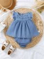 Baby Girl Embroidery Pattern Flutter Sleeve Top With Skirted Hem & Cute Triangle Shorts 2pcs/Set