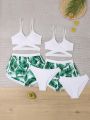 Teenage Girls' Cross Wrapped Solid Color Bikini Set With Tropical Print Swim Shorts