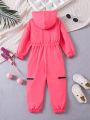Young Girl Letter Patched Detail Zipper Hooded Jumpsuit