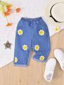 Baby Girls' Cute Flower & Smiling Face Printed Jeans For Daily Wear