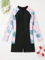 Teenage Girls' Long Sleeve One-Piece Swimsuit With Plant Print