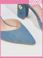 Cuccoo Everyday Collection Women Shoes Stylish & Comfortable Blue Point Toe Floral Embroidery Ankle Strap High Heel Shoes