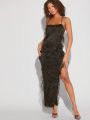 Mienne Fringe Trim Split Thigh Lace Up Backless Asymmetrical Hem Cami Dress