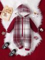 Baby Boy Plaid Print Hooded Teddy Lined Zipper Up Jumpsuit
