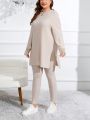 SHEIN Essnce Plus Size Oversized Drop Shoulder Short Sleeve T-shirt With Split Hem And Leggings Set