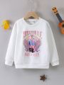 SHEIN Kids QTFun Girls' Wing & Guitar Patterned Long Sleeve Sweatshirt For Autumn/Winter