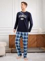 Men's Letter Printed Top & Plaid Pants Homewear Set