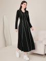 SHEIN Mulvari Women's Contrast Stitching Decor Zipper Half Placket A-Line Dress