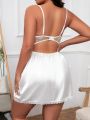 Plus Floral Embroidery Mesh Insert Lace Trim Bustier Satin Cami Nightdress