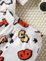 3pcs/Set Streetwear Fashionable Letter Print Shirt, Shorts And Fisherman Hat Baby Boy Outfit