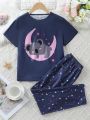 SHEIN Kids Nujoom Tween Girl's Cute Koala Animal Print Star And Moon Print Short-Sleeved Trousers Loose Casual Two-Piece Home Clothes