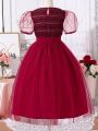SHEIN Kids HYPEME Tween Girls' Elegant & Fashionable Mesh Patchwork Puff Sleeve Ball Gown Dress