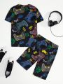 SHEIN Boys' Game Controller & Letter Printed Short Sleeve Top And Shorts Homewear Set, Summer