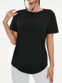 Solid Color Hollow Out Back Arc Hem Sports T-Shirt