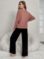 Women's Knitted Top And Letter Print Pants Homewear Set