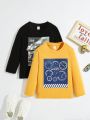 SHEIN Kids EVRYDAY Boys' Two-piece Casual And Comfortable Printed Pattern Knitted Long-sleeved Top