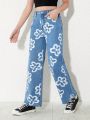 Tween Girls' New Fashionable Casual Floral Print Straight Leg Jeans