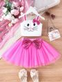 SHEIN Kids QTFun Toddler Girls' Cute & Sweet Rabbit Print Camisole Top With Mesh Tutu Skirt & Bowknot Set
