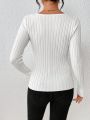 SHEIN Essnce Women's Solid Slim Fit Knitted Sweater With Notched Collar And Ribbed Detail