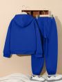 SHEIN Boys' Casual Hooded Letter Cartoon Print Velvet Sweatshirt And Sweatpants Suit