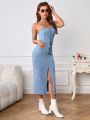 SHEIN Privé Women's Denim Dress With Spaghetti Straps, Button Front, Hip Package And Slit
