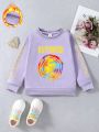 Little Girls' Cute And Fun Emoticons & Letters Printed Fleece Crewneck Sweatshirt For Fall/winter