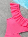 Tween Girls' One Piece Swimsuit With Solid Color And Ruffled Hem Design