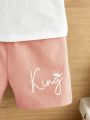 SHEIN Baby Boy Letter & Crown Printed Short Sleeve T-Shirt And Shorts Casual Sports 2pcs/Set