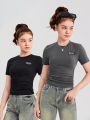 SHEIN Teenage Girls' Knitted Solid Color Two-piece T-shirt Set With Letter Patch And Shirred Design