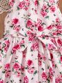SHEIN Kids CHARMNG Little Girls' Sleeveless Floral Patterned A-line Dress With Peter Pan Collar And Button Front