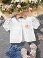 SHEIN Kids EVRYDAY Young Girl 3d Flower Decor Lace Short Puff Sleeve Jacket