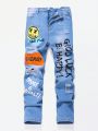 SHEIN Teen Boys' Straight Leg Ripped Frayed Washed Blue Denim Jeans With Slogan And Face Printed , For Spring And Summer Teen Boy Outfits