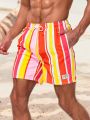 Manfinity Men's Drawstring Waist Color Block Striped Printed Beach Shorts