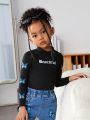 SHEIN Kids Cooltwn Little Girls' Casual Knitted Short Sleeve T-shirt With Round Neckline For Street Style