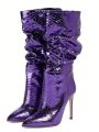 YIYA Women's Metallic Patent Leather Stiletto Heel Boots Shiny Sequins High Heeled Booties Mid Calf Dress Shoes