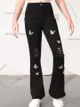 Tween Girl Butterfly Embroidery Ripped Flare Leg Jeans