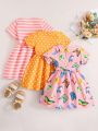 Young Girl's 3pcs/Set Round Neck Short Sleeve Dress With Allover Print