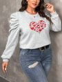 SHEIN Frenchy Plus Size Sweatshirt With Heart Pattern And Ruffled Hem Thermal
