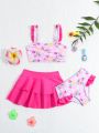 3pcs/Set Baby Girl's Random Printed Swimwear With Ruffle Trim